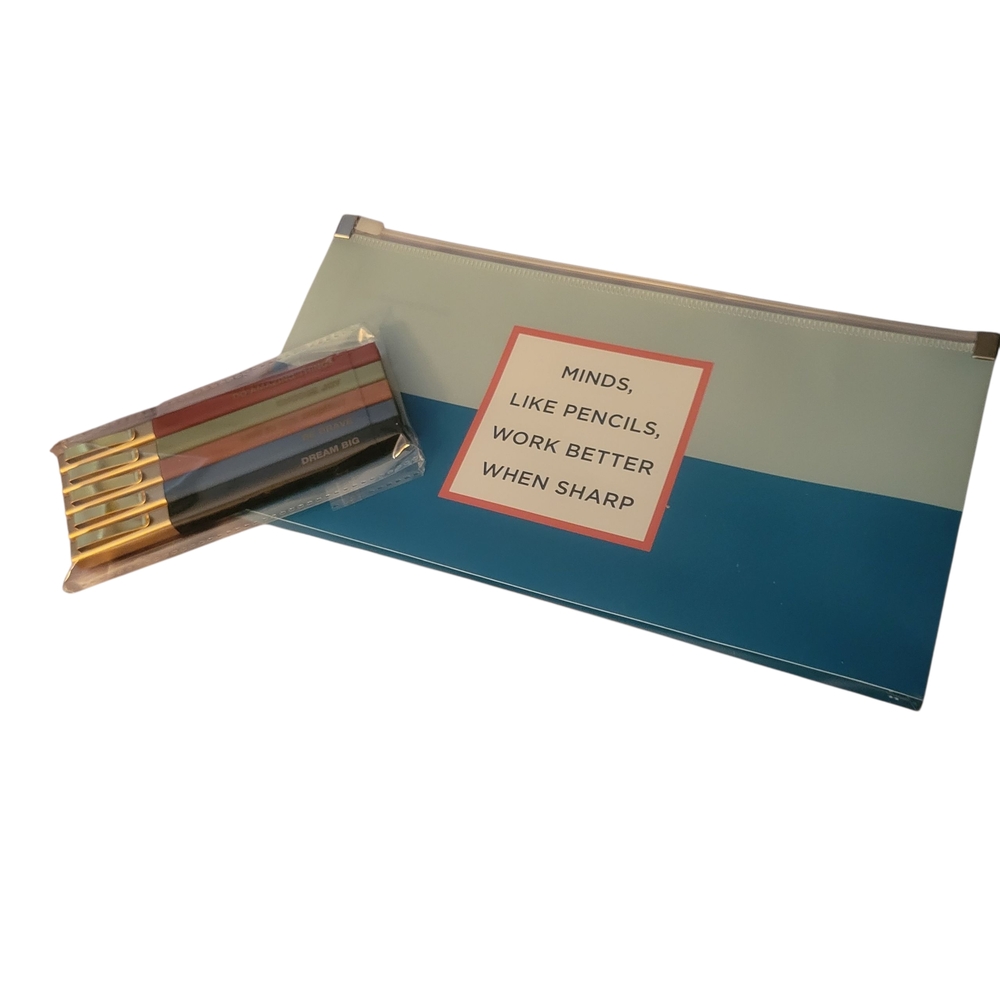 Blue Colorblock Pencil Case with Quote & Imspirational Pen Set